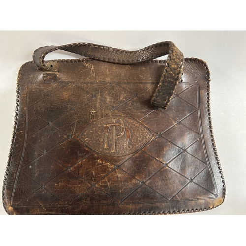 175 - Vintage Spanish 'Flamenco' Wallet & Arts & Crafts Tooled Leather Bag - Handles Slightly Worn