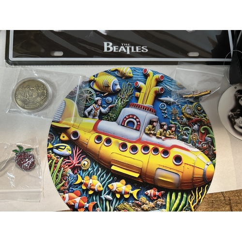 49 - 6 x Beatles Items - Signs, Badges, Bag, Coin