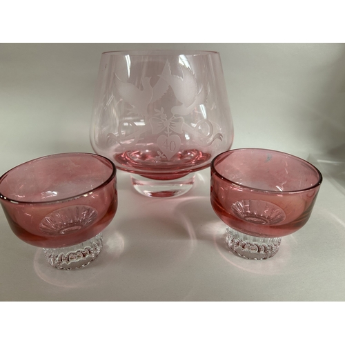 276 - Pair Cranberry Glass Candleholders plus Caithness Cranberry Vase 40th Anniversary