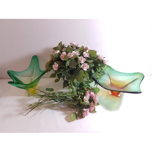 12 - Porcelain flower arrangement with 2 green art glass