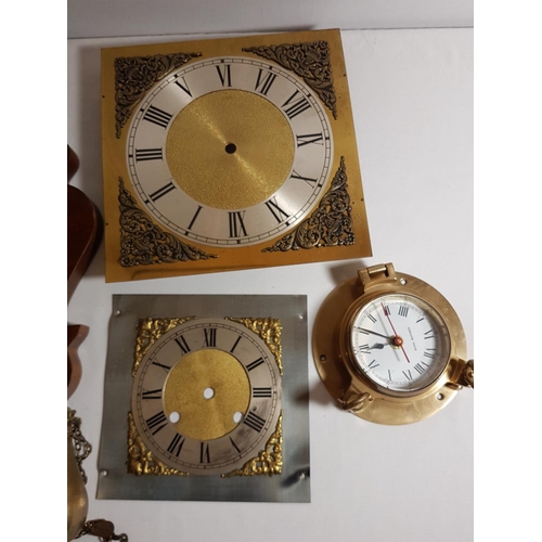 16 - Wooden wall clock plus brass clock faces