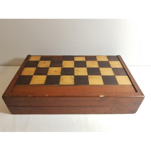 2 - Antique wooden folding chess board plus game pieces including ivory