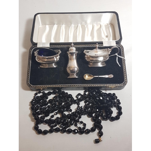 127 - Silver plated condiment set complete with box plus 2 mourning necklaces