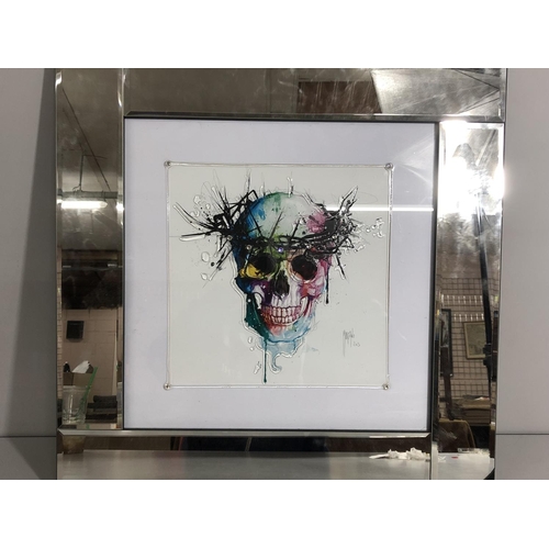 145 - Liquid art modern picture of a skullwith mirrored frame approx 55cm x 55cm