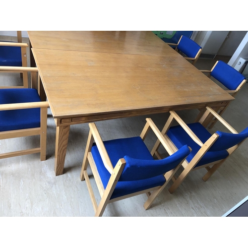 616 - VINTAGE OAK BOARDROOM TABLE AND CHAIRS, SEATS APPROX 8