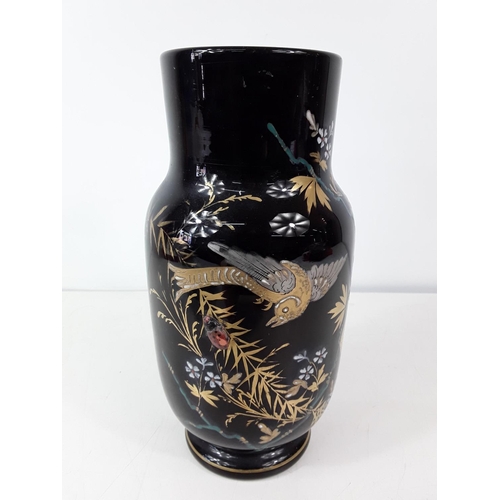 105 - Black glass vase with overlay decoration