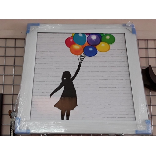 305 - Large glass framed print of gilr and balloons 85cms square