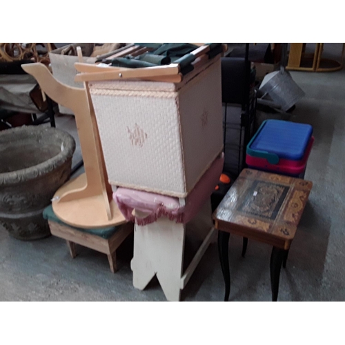 205 - 2 tables, 2 stools, sewing box and linen box