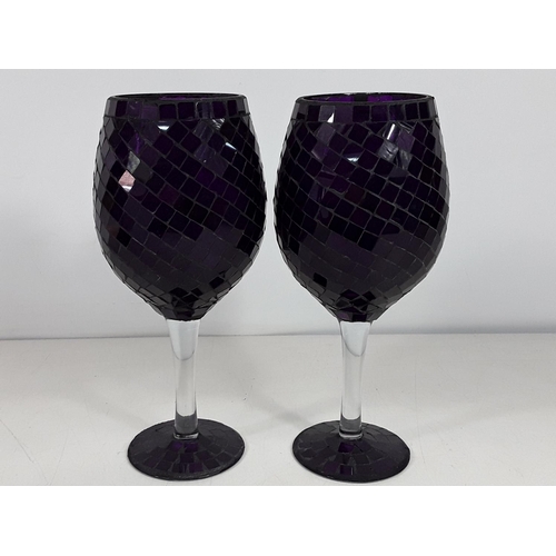 60 - Pair of mosaic glass goblets each approx 12 inches tall