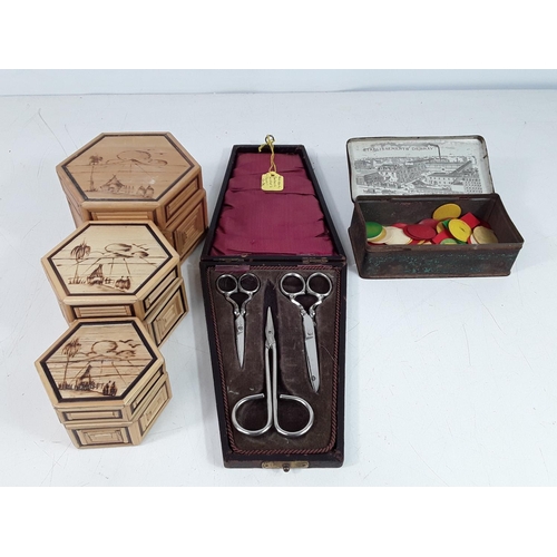 70 - Box, tin, cased scissors and musical box