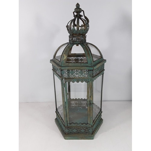 79 - Metal and glass lantern lantern approx 24 inches tall