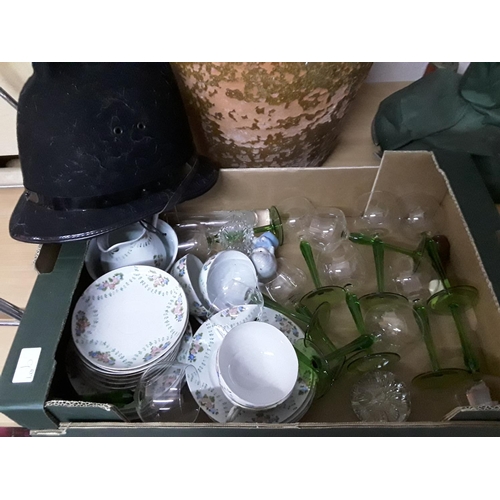 838 - Box of china, glass and policeman helmet