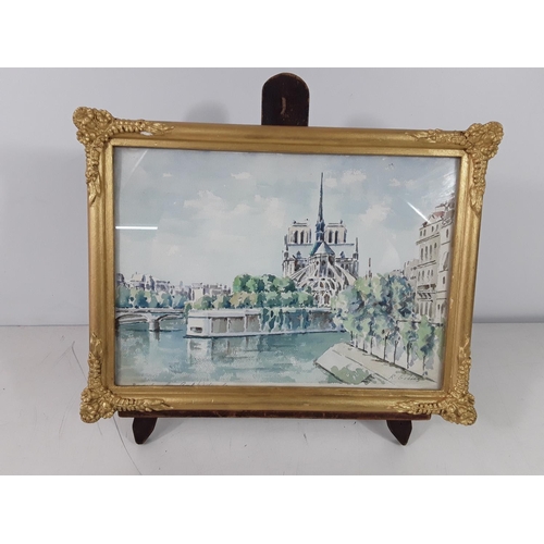 167 - Gilt framed watercolour on antique easel