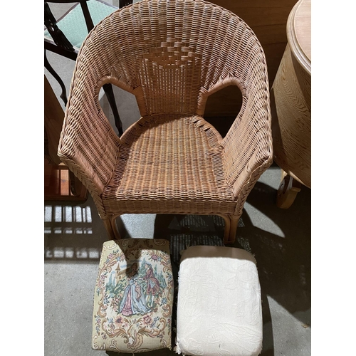 22 - WICKER CHAIR AND 2 FOOT STOOLS