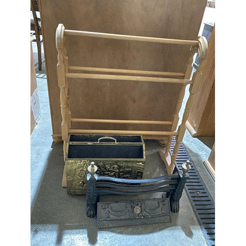 24 - WOODEN TOWL RAIL , BRASS MAGAZINE RACK AND FIRE FRONT