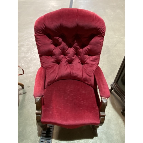 43 - ANTIQUE FIRE SIDE CHAIR WITH RED UPHOLSTERY