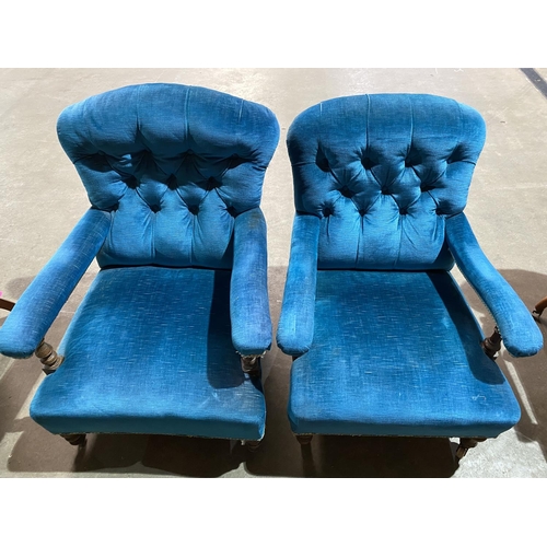 45 - PR OF ANTIQUE SALON CHAIRS WITH BLUE UPHOLSTERY