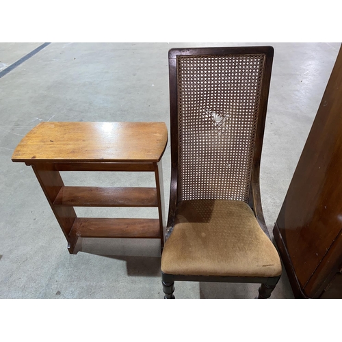 50 - ANTIQUE BEDROOM CHAIR WITH CANED BACK AND BOOK SHELF