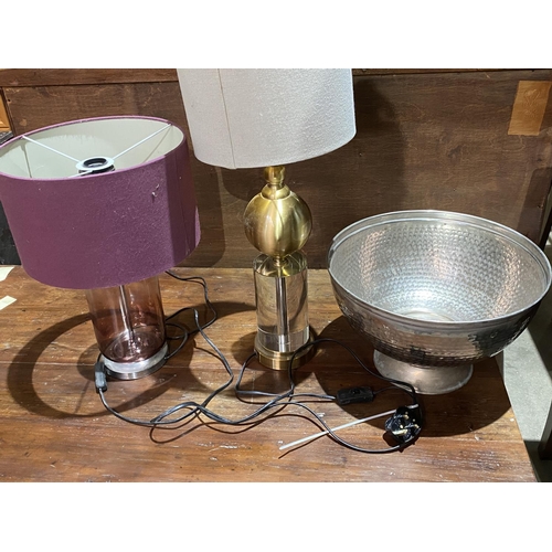 55 - LARGE METAL FRUIT BOWL AND 2 MODERN LAMPS