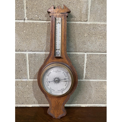 65 - ANTIQUE MAHOGANY CASED BANJO BAROMETER AND A OAK CASED BAROMETER