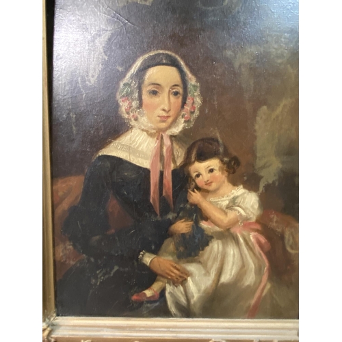 73 - ANTIQUE OIL ON BOARD OF MOTHER AND CHILD 22