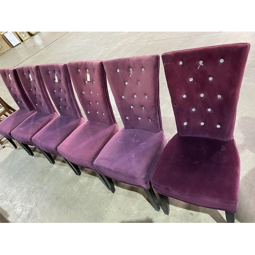 78 - SET OF 6 DINING CHAIRS WITH PURPLE FABRIC AND DIAMONTE BUTTONS