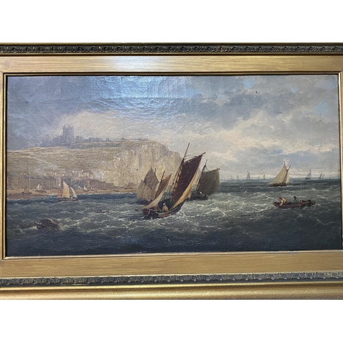 85 - ANTIQUE OIL ON CANVAS BOAT SCENE OFF THE COAST OF DOVER 30