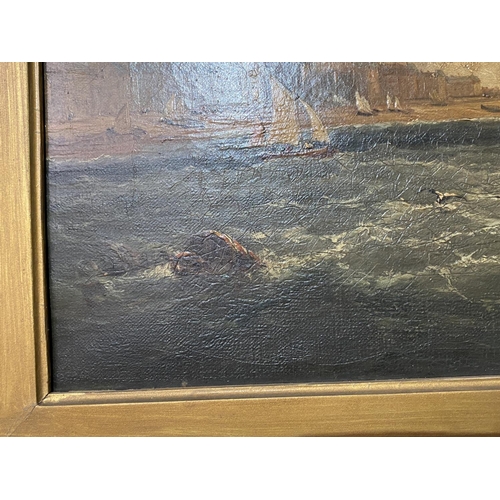 85 - ANTIQUE OIL ON CANVAS BOAT SCENE OFF THE COAST OF DOVER 30