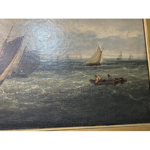 85 - ANTIQUE OIL ON CANVAS BOAT SCENE OFF THE COAST OF DOVER 30