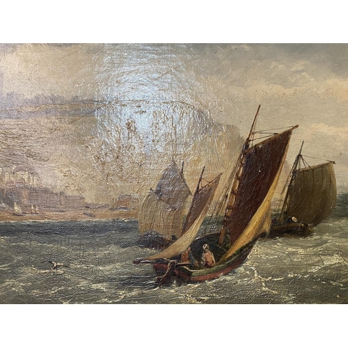 85 - ANTIQUE OIL ON CANVAS BOAT SCENE OFF THE COAST OF DOVER 30