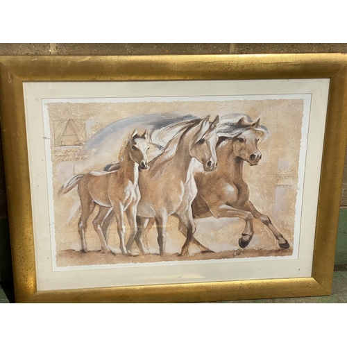 93 - 2 LARGE GILT FRAMED HORSE PRINTS AND A 3D PICTURE OF FLOWERS