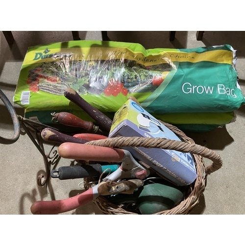 13 - GARDEN TOOLS, BIRD TABLE AND 3 GROW BAGS