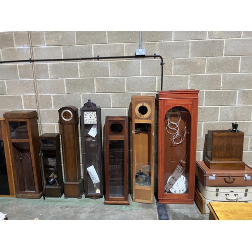 1 - 8 LONG CASED CLOCK CASES, WITH VARIOUS SPARES AND PARTS