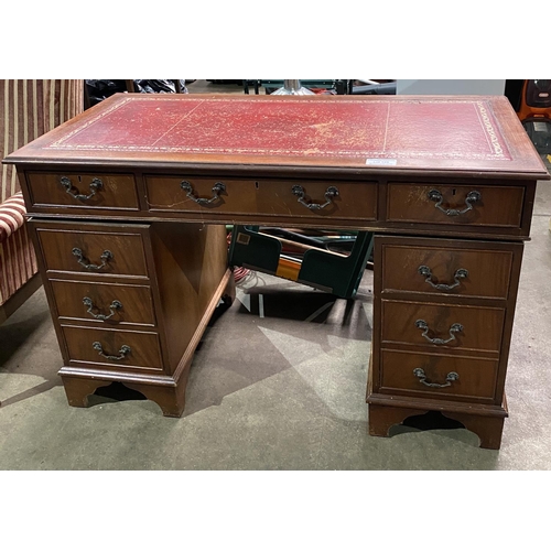 128 - MAHOGANY PEDESTAL DESK WITH RED LEATHER TOP