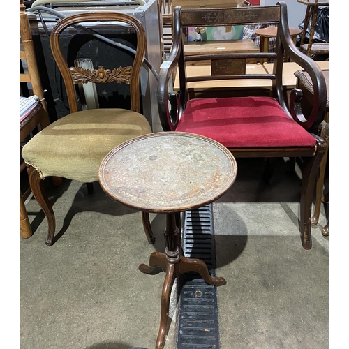 131 - ANTIQUE DINING CHAIR, CARVER CHAIR AND WINE TABLE