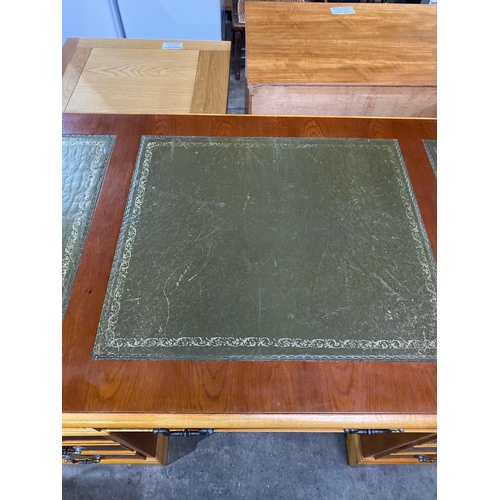 184 - YEW WOOD PEDISTAL DESK WITH GREEN LEATHER TOP