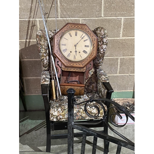 3 - ANTIQUE INLAID WALL CLOCK (SPARES AND REPAIRS ) AND A WING ARM CHAIR