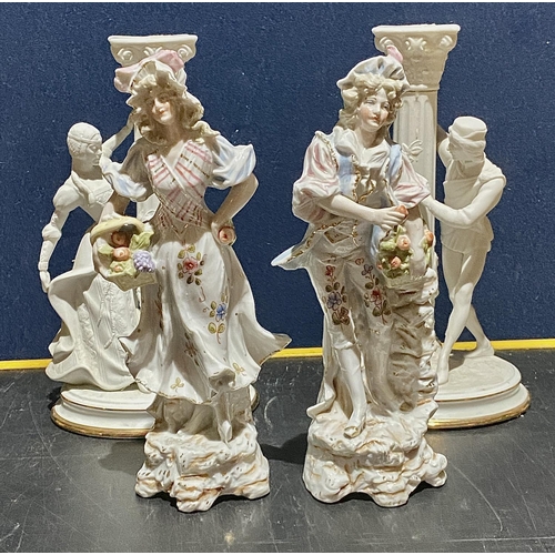 1540 - ROMEO JUILET CANDLE STICKS AND PR OF ANTIQUE PORCELAIN FIGURES