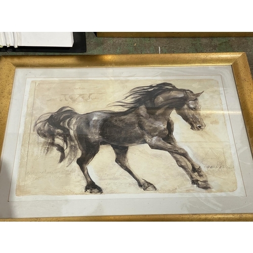 93 - 2 LARGE GILT FRAMED HORSE PRINTS AND A 3D PICTURE OF FLOWERS