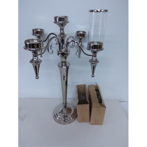 514 - Pair of large plated candelabra with glass shades