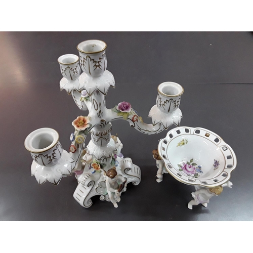 246 - Porcelain cherub dish and candelabra