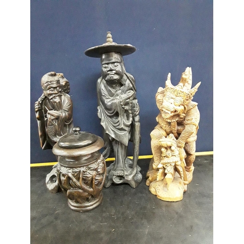 249 - 3 carved wood oriental figures and a pot and cover