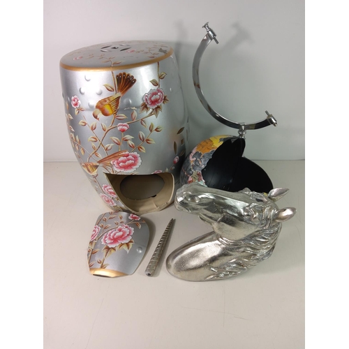 219 - Unicorn head, globe on stand and oriental garden seat all AF