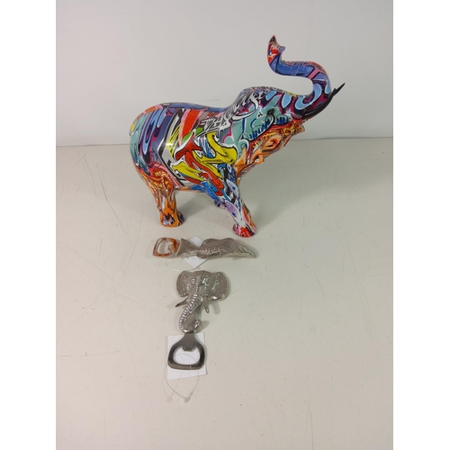 237 - 2 bottle openers in the form of animals and a graffiti elephant