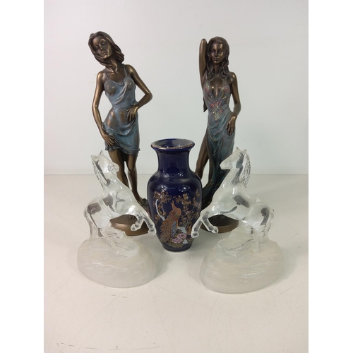 201 - Horse figures, lady figures and a vase