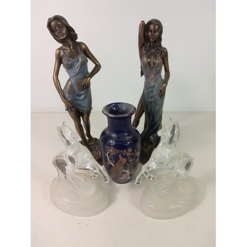 201 - Horse figures, lady figures and a vase