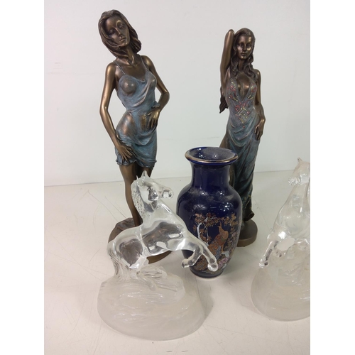 201 - Horse figures, lady figures and a vase