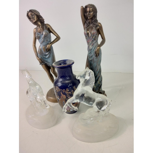 201 - Horse figures, lady figures and a vase