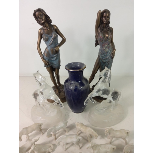201 - Horse figures, lady figures and a vase