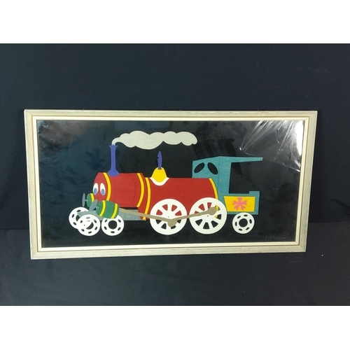 37 - Vintage novelty train picture in felt, signed, 65cms x 34cms